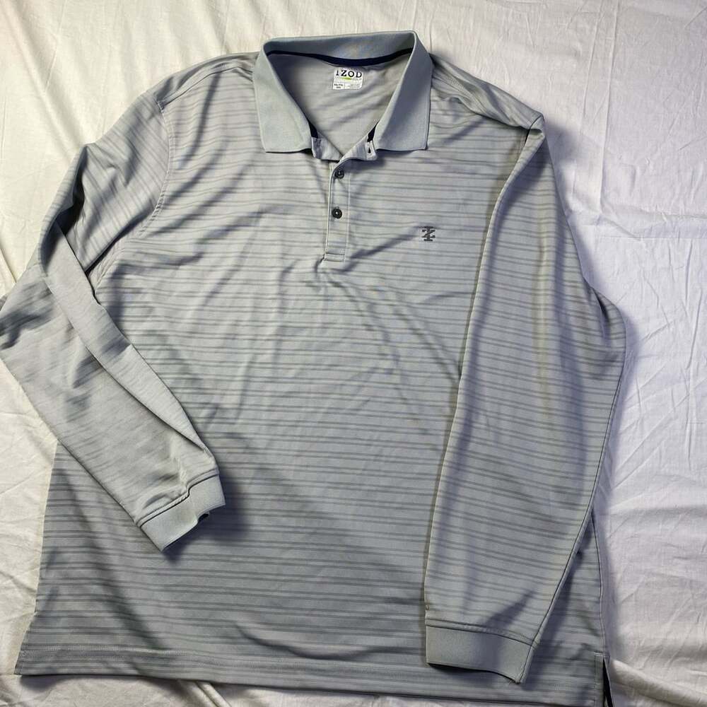 Izod Golf Long Sleeve Striped Performance Polo Shirt Gray XXL